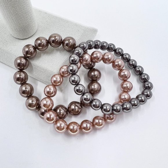 Set of 3 - Brown, Copper & Peach Graduated Faux Pearl Stretch Bracelets - Picture 2 of 5